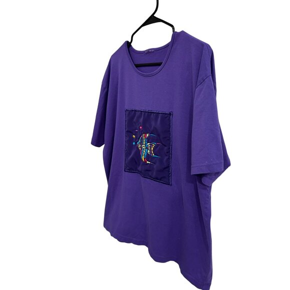 Handcrafted Purple Cotton T Shirt With Colorful Fish Embroidery Patch Design - Picture 3 of 8